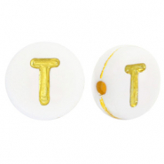 Abalorios letras acrílicas T Blanco-dorado