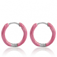 Pendientes Acero Inox criolla esmalte 14mm Ponche rosa-plateado