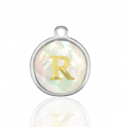 Colgantes Acero Inox 12mm concha letra R Blanco (color natural)-plateado