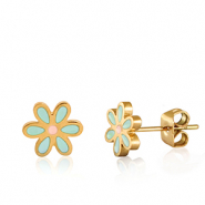 Pendientes Acero Inox flor Turquesa-dorado
