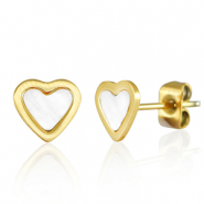 Pendientes Acero Inox coraz&oacute;n Dorado-blanco perla