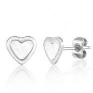Pendientes Acero Inox coraz&oacute;n Plateado-blanco perla