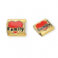 Acero Inox link-eslabón para pulsera italiana con dijes Acero Inox corazón "Family" Dorado-rojo-negro