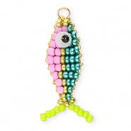 BY31&reg; Colgantes de abalorios de cristal pez Azul verdoso met&aacute;lico-lila pastel-dorado-verde lima