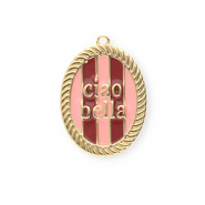 BY31® Colgantes de latón Eco-brass con esmalte óvalo Ciao bella"" Dorado-rosa claro-rojo