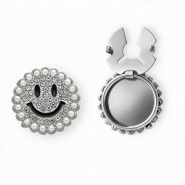 Cubrebotones smiley con strass y imitación de perlas Plateado-negro-cristal-blanco