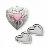 Colgantes Acero Inox medallón con esmalte corazón con flores Plateado-rosa-verde