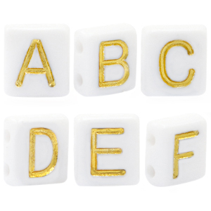 Abalorios letras acr&iacute;licas mix Blanco-dorado