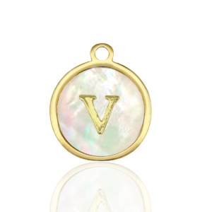 Colgantes Acero Inox 12mm concha letra V Blanco (color natural)-dorado