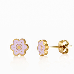 Pendientes Acero Inox flor Lila-dorado