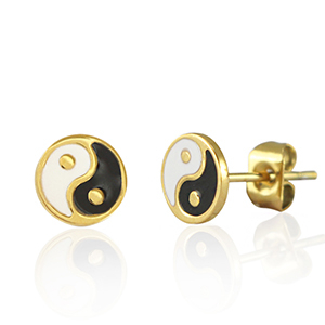 Pendientes Acero Inox Yin & Yang 7mm Dorado-negro blanco