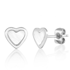 Pendientes Acero Inox coraz&oacute;n Plateado-blanco perla