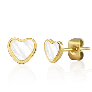 Pendientes Acero Inox coraz&oacute;n Dorado-blanco perla