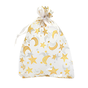 Bolso de organza 9x12cm luna y estrella Blanco-dorado