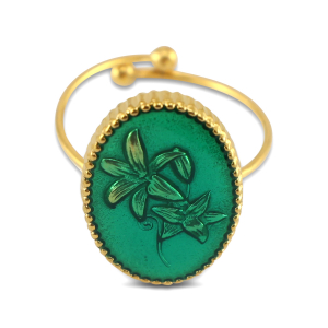 Anillos Acero Inox esmalte &oacute;valo con flor Dorado-verde oscuro