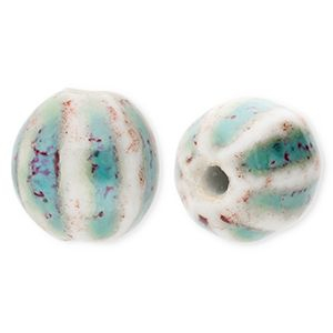 Abalorios de cer&aacute;mica 11mm con rayas Azul verdoso-blancuzco-puerto rojo