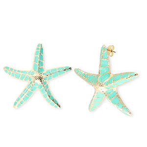 Pendientes trendy esmalte estrella de mar con perno de acero inox Dorado-turqueza